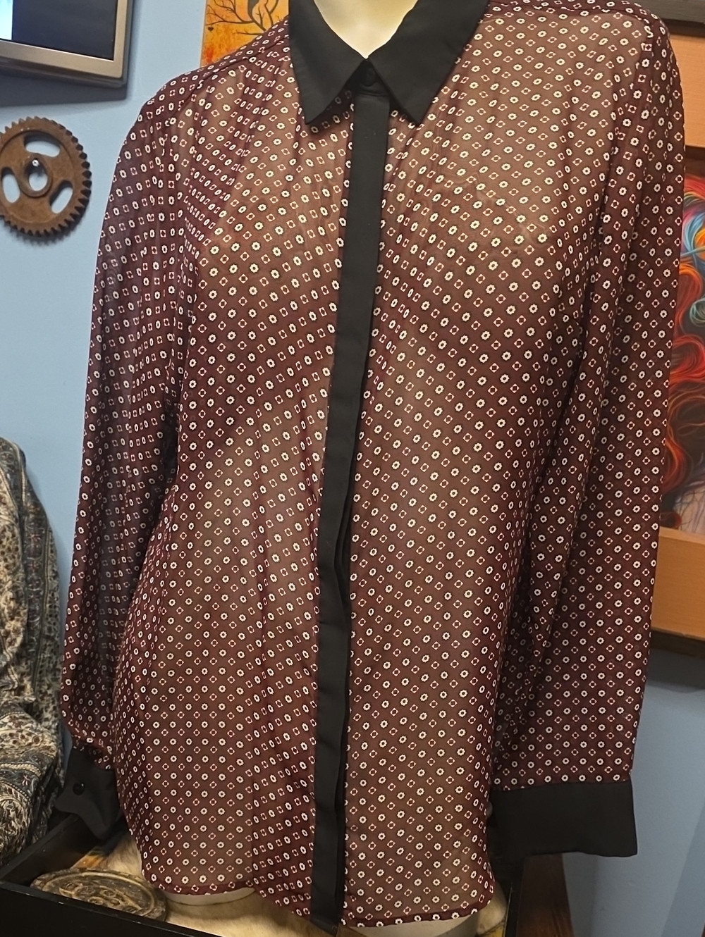 Metaphor Women's Burgundy Geo-Print Button-Down with Black Trim